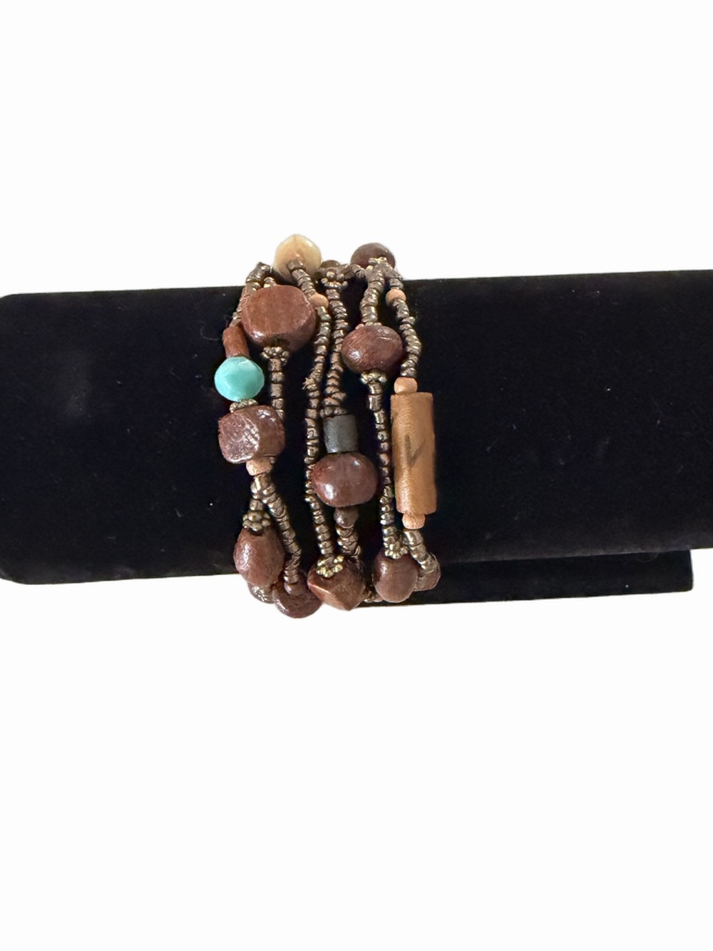 Boho Multi-Strand Beaded Necklace Brown Wood Turquoise Accent Wrap Style